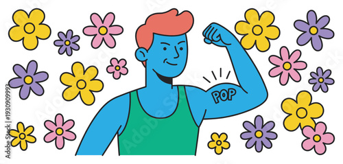 Confident man flexing his bicep with a 'POP' tattoo surrounded by colorful retro flowers in a vibrant pop art illustration.