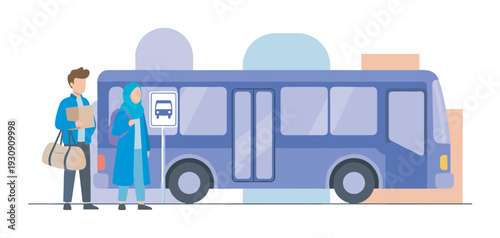 Two people wait at a bus stop for public transportation, carrying luggage and ready to board the large blue vehicle for their journey.