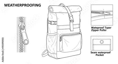 Weatherproof Roll Top Backpack Fashion Technical Flat Sketch Vector Template