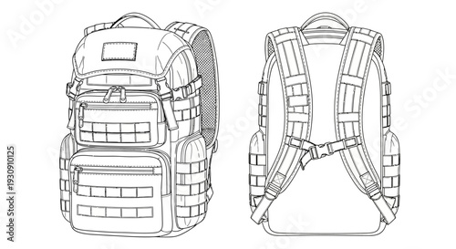 Techwear Apparel and Tactical Backpacks Technical Flat Sketch Vector Template Bundle