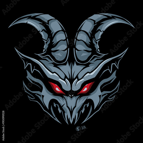 Stylized demon head illustration with spiked horns and glowing eyes