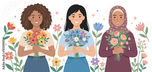 Three diverse women holding bouquets of beautiful flowers are smiling happily, celebrating unity and friendship in a vibrant illustration.