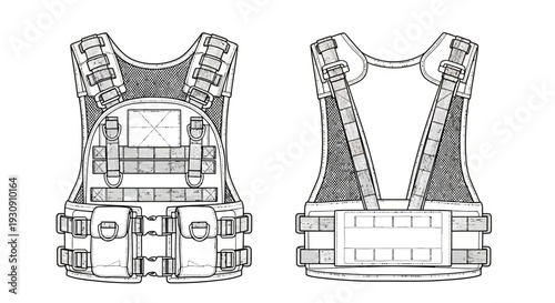 Techwear Apparel and Tactical Gear Technical Flat Sketch Vector Template Bundle