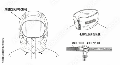 Outerwear Hood and High Collar Weatherproof Zipper Technical Flat Sketch Vector Template