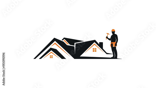 Construction logo depicting houses and worker with hammer for design concepts