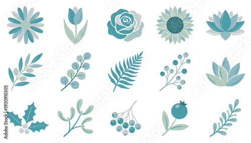 Beautiful botanical floral and leaf elements in a charming flat design style perfect for nature-inspired projects.