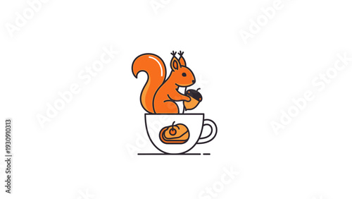 Cartoon squirrel with acorn sitting in coffee cup illustration