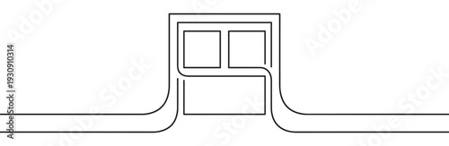 Abstract minimalist line art building illustration with parallel pathways extending horizontally on both sides, symbolizing connection and movement.