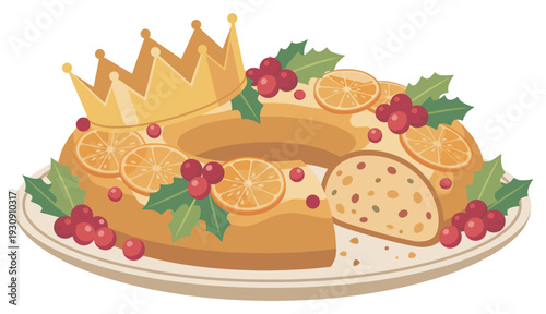 Traditional King Cake decorated with festive fruit slices, red berries, and a golden crown on a serving platter.