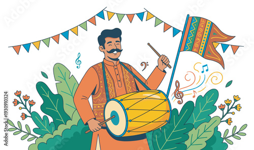 Happy man playing traditional dhol drum at a lively festive celebration surrounded by colorful flags and musical notes.