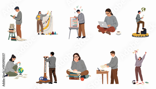 Illustrations of economic literacy, financial analysis, and personal growth, depicting individuals engaged in learning, investment, and career development.