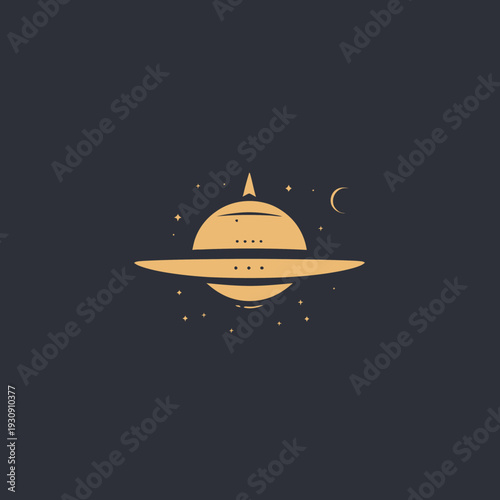 Stylized gold planet with moon and stars on dark backdrop illustration