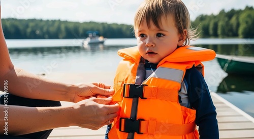 Toddler getting life jacket fastened near water, promoting child safety and accident prevention.