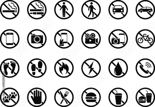 Collection of prohibition and warning signs for public spaces and personal safety