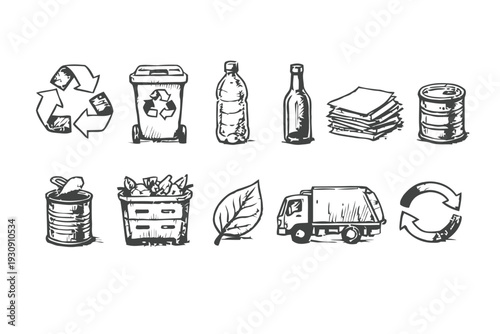 Collection of recycling and waste management icons for environmental sustainability
