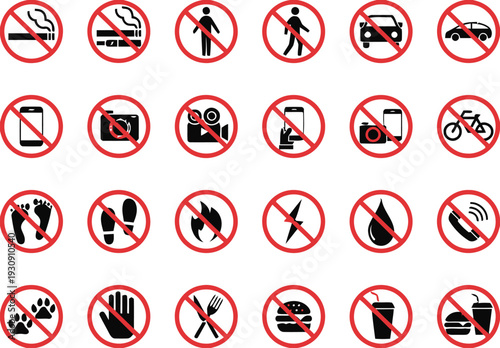 Collection of prohibition signs including smoking no entry no phone and no camera