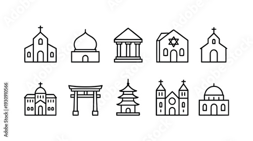 Collection of religious and cultural building icons for diverse places of worship