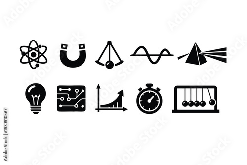 Collection of science and physics icons for education and research purposes