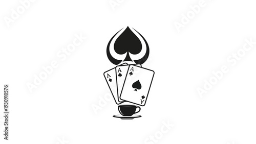 Black and white illustration of playing cards with a spade symbol and a cup