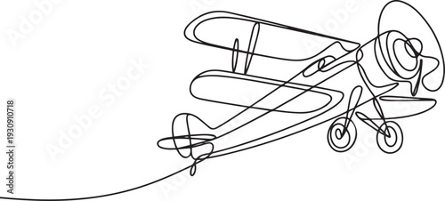 Continuous line drawing of jet plane . Flight biplane Tandem wing. The symbol of take-off in the sky. one line Icon drawing