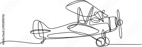 Continuous line drawing of jet plane . Flight biplane Tandem wing. The symbol of take-off in the sky. one line Icon drawing