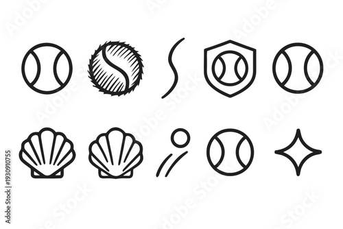 Collection of tennis balls shells and wavy line icons for sport and nature