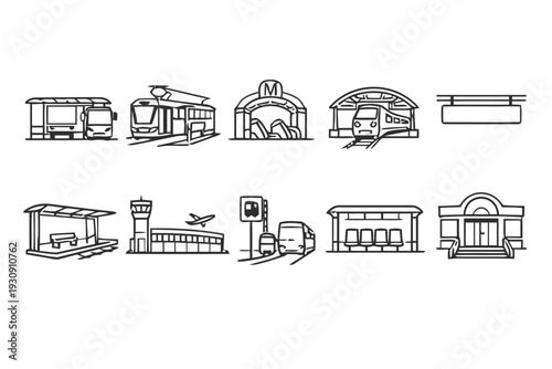 Collection of transportation related icons on white background