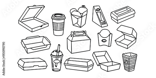 Collection of various food packaging and takeout containers line art elements isolated on white background