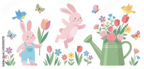 Cute cartoon bunnies, flowers, birds, butterflies, and a watering can create a delightful spring illustration.