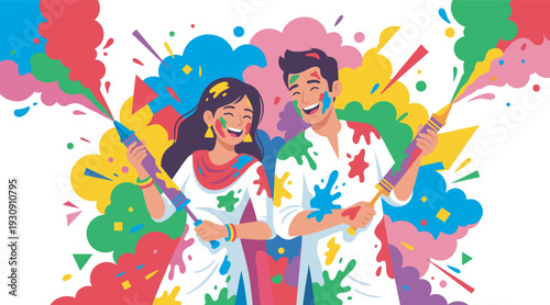 Happy couple celebrating Holi festival with vibrant colors and joyful expressions, spraying water from pichkaris.