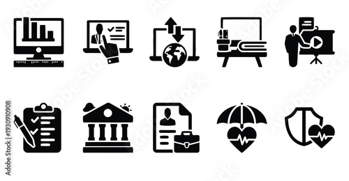 Education and learning icons showcasing online courses, research, and knowledge acquisition processes