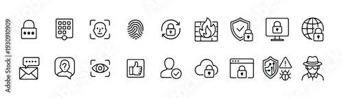 Cybersecurity icons collection featuring lock, fingerprint, and data protection