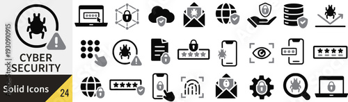 Cyber security solid icons collection for digital protection and data safety concepts