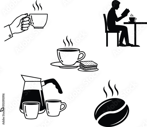 A collection of black and white coffee icons including a person reading and a hand holding a cup