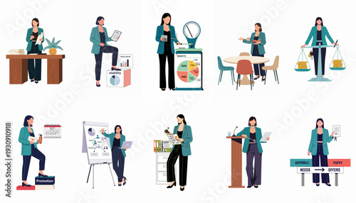 Dynamic businesswoman navigating career growth, financial decisions, and professional responsibilities in various corporate settings.