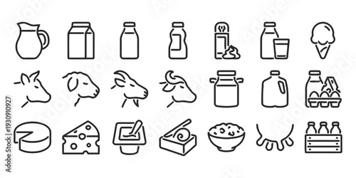 Dairy products and farm animals icons including milk cheese and cows