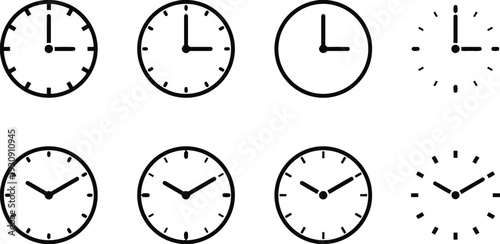 Eight minimalist analog clocks with hour and minute hands