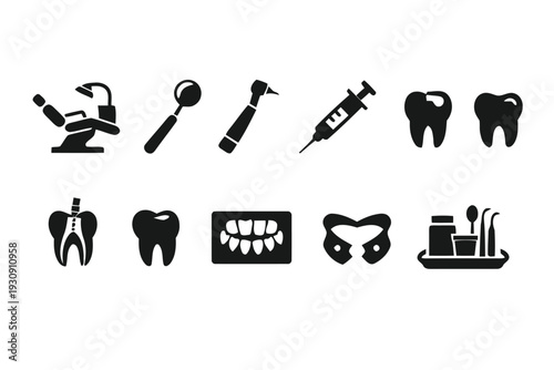 Dental clinic equipment and tools vector icons collection on white background