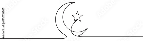 Crescent moon and star symbol drawn in a continuous single line art style representing Islamic faith and traditions.