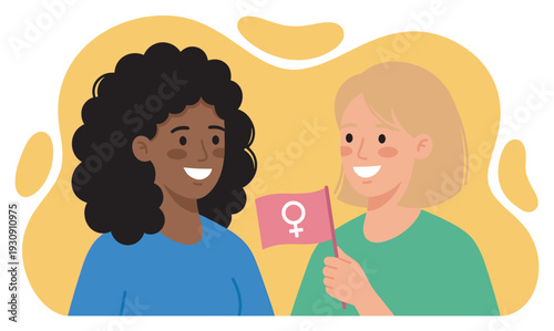 Two women smiling holding a feminist flag together, representing female empowerment, diversity, and gender equality in a supportive community.