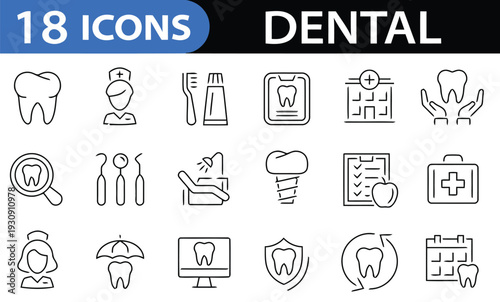 Dental icons set showing teeth dental care tools and medical services for oral hygiene