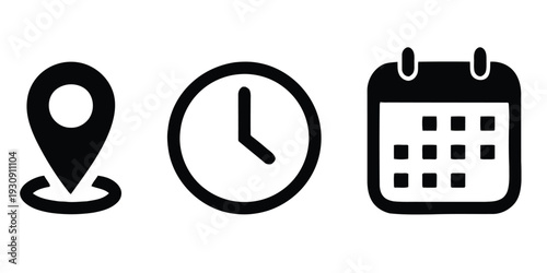 Essential information icons including map location analog clock and calendar planner