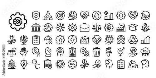 ESG environmental social governance icon set vector outline drawing