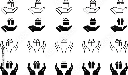 Hands holding gift boxes icons set depicting giving receiving and charity concepts