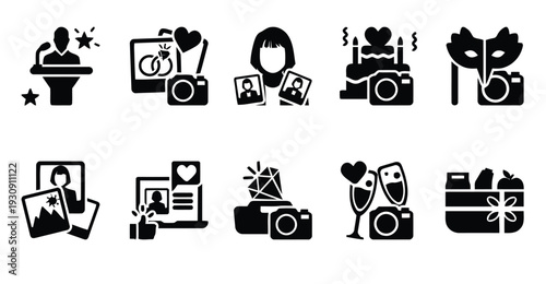 Event and photography icons with cameras stage and masks for celebration