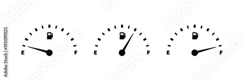 Fuel gauge indicators showing empty, half, and full tank levels