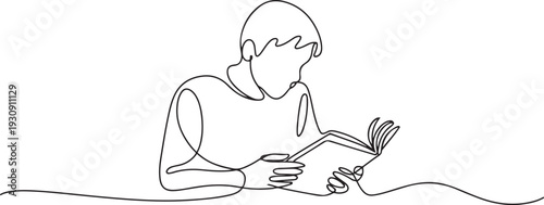 A continuous single one is a drawn line of a student reading a writer who is engaged in a book, a textbook. one line Icon drawing