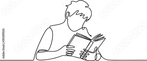 A continuous single one is a drawn line of a student reading a writer who is engaged in a book, a textbook. one line Icon drawing