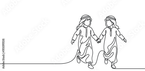 Two Arab children holding hands and walking together, symbolizing friendship, unity, and cultural heritage in a continuous line art style.