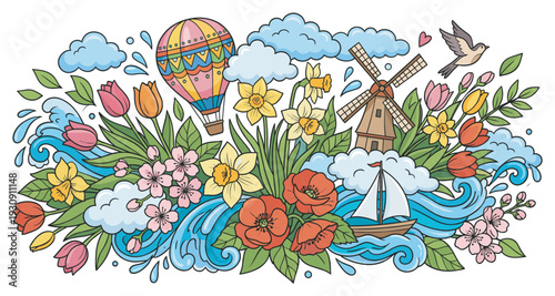 Hot air balloon, windmill, sailboat, bird, flowers, clouds, and water are beautifully depicted in a vibrant spring illustration.